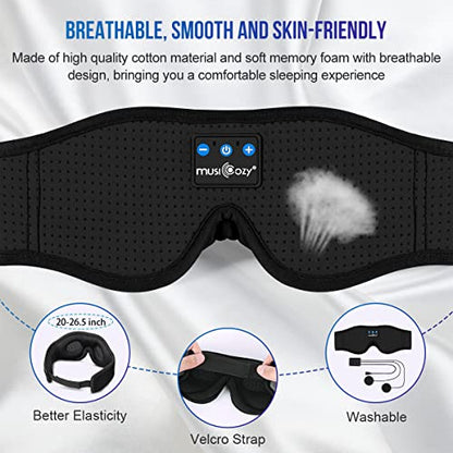 MUSICOZY 3D Sleep Headphones Bluetooth 5.4 Breathable Sleep Eye Mask | Cooling Fabric Lining with Blackout Design for Side Sleeper, HD Stereo Sound, 14 Hours Playtime for Sleep, Travel, Relaxation - color: Black