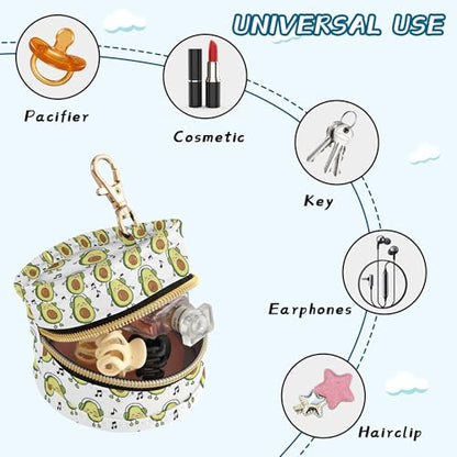 Pacifier Case Happy Avocado Headset Music Printed Waterproof Pacifier Holder Pouch with Metal Hook Clip Round Small Soother Storage Bag for Diaper Bag Stroller - color: Happy Avocado Headset Music