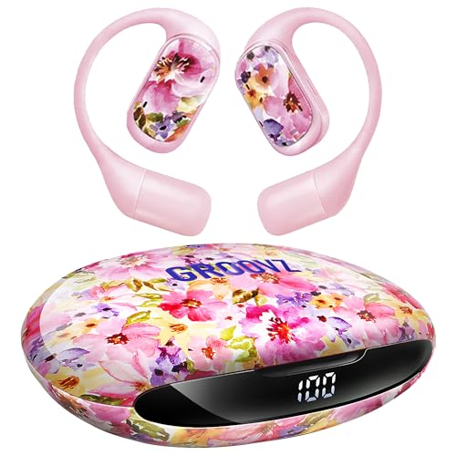 Groovz Open-Ear Plus True Wireless Headphones with Battery Display - Designed & Engineered in the USA - Multi-Point Pairing Bluetooth Open Ear Earbuds Compatible with Apple & Android - Floral - color: Floral