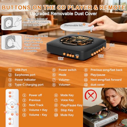 Gueray CD Player Portable Bluetooth: Offline Voice Control CD Players for Home with Remote Voice Control CD Player with Speakers with FM Radio Remote - color: Nightfall black