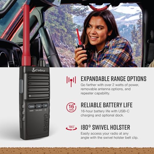 Cobra Trailblazer 500 GMRS Radio (2-Pack), IP54 Rugged No-Display Design | 2.5W Long Range Walkie Talkies, 16hr Battery, Swivel Holster, Programmable Software, Removable Antenna, Repeater Compatible