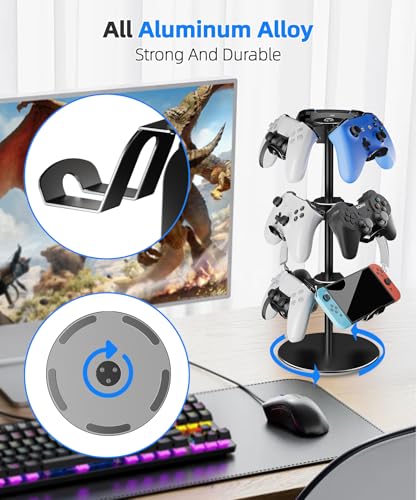 Aluminum Alloy Controller Holder 3 Layers,360 Degree Rotation Tier,Gaming Controller Stand for Xbox PS5 PS4 Switch,Headphone Stand,Headset Holder & Desk Mounts for 9 Packs Controller - color: BLACK-3 LAYERS
