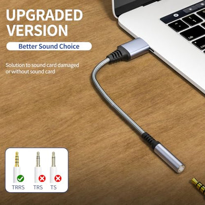 USB to Audio Jack Adapter, External Sound Card Jack Audio Adapter, USB-A to 3.5mm TRRS Female Headset for PS4/PS5/Headphone/Mac/Linux/PC Windows/Laptop/Desktops/Docking Station/iOS/Vista/(Gray)