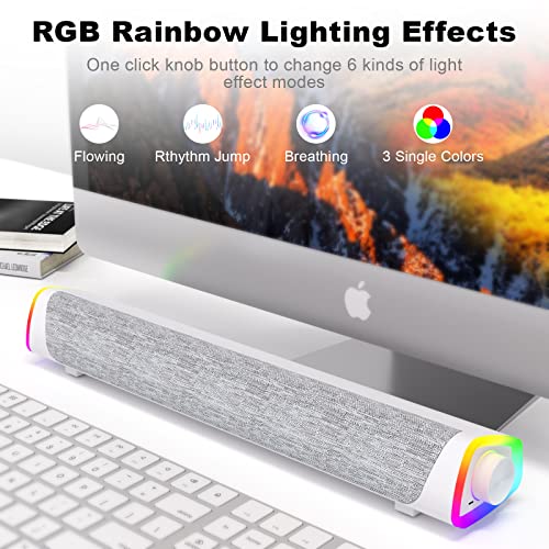 SOULION R30 Plus Bluetooth Computer Speakers, Wired USB Powered Plug & Play | All-in-One Rotary Control, Slanted Design, 6 Modes LED Light PC Speaker for Desktop Monitor Laptop White - color: White, style: USB & Bluetooth