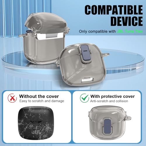 [Secure Lock] Clear Case for JBL Tune Flex Case Cover Compatible with JBL Tune Flex True Wireless Noise Cancelling Earbuds Anti-Scratch Protective Cover with Keychain (Clear Grey) - color: Clear Grey
