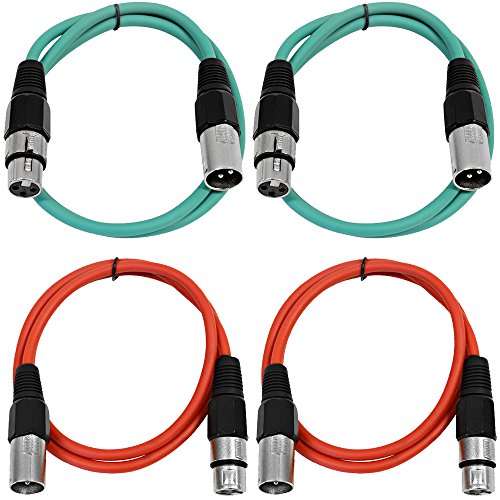 Seismic Audio - SAXLX-2-4 Pack of 2' XLR Male to XLR Female Patch Cables - Balanced - 2 Foot Patch Cord - Green and Red - color: Green and Red