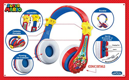 Super Mario Wireless Bluetooth Portable Kids Headphones with Microphone, Volume Reduced to Protect Hearing Rechargeable Battery, Adjustable Kids Headband for School Home or Travel - color: Super Mario