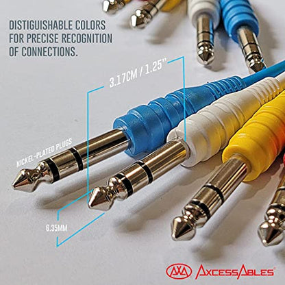 AxcessAbles 10ft 1/4" TRS to 1/4" Balanced Stereo Patch Cables - 6 Pack | 6.35mm TRS Speaker Patch Cords - size: 10ft