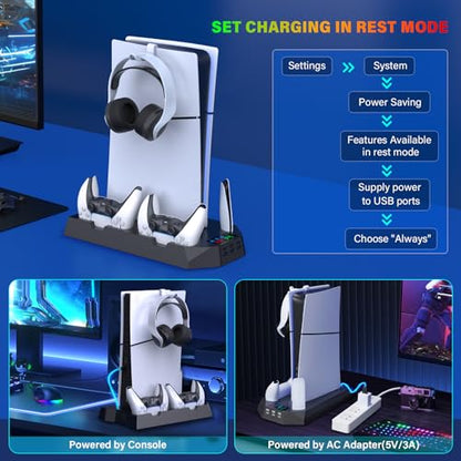 PS5/Slim/Pro Cooling Station with Controller Charging Station for PlayStation 5 Slim/Pro Console, PS5 Cooling Stand Cooler Accessories Incl Cooling Fan, 3 USB Hubs, Headset Holder, Screw - Black - color: Black