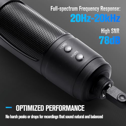 USB Microphone, Cardioid Condenser Mic with Noise Cancellation | One-Click Mute & Echo Effect, USB Mic for PC/Mac, Plug & Play for Podcasting, Streaming, YouTube, Vocals, Meeting & Gaming