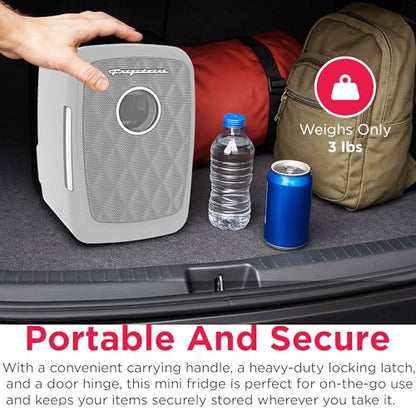 Frigidaire Mini Personal Fridge Cooler, 4L Capacity Chills Six 12 oz Cans, Portable & Compact, AC Plug & 12V Car Charger – GREY, BUILT IN BLUETOOTH SPEAKER - color: Grey