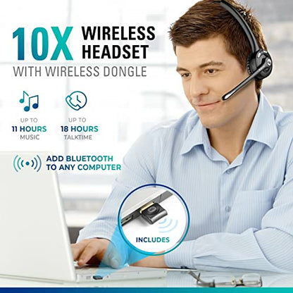 Delton 10X Trucker Bluetooth Headset, Wireless Headphones w/Microphone | Over The Head Single Earpiece with Mic for Call Centers, Truck Drivers - 18Hrs (with USB Dongle + Holding Hook) (2-Pack) - style: with USB Dongle + Holding Hook