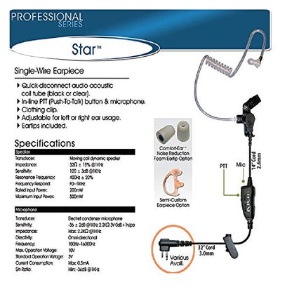 Klein Electronics Star M9 Single-Wire Earpiece with Surveillance Style Acoustic Tube for Motorola Compatible Models (Works with M9 Connector pin) | Clear Quick-Disconnect Audio Tube and Clothing Clip