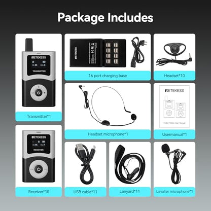 Retekess T130U(4nd Gen T130)Tour Guide System, Translation System(1TX 10RX) | for Factory, School, 200M, U-Band Digital Mode, with16 USB Charging Ports, 40H, Easy Operation, Wireless Connection - style: 1-10