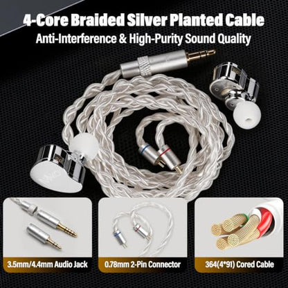Hybrid In Ear Monitor IEM Earphones,HiFi Wired Earbuds,Powerful Deep Bass | Silvery Treble,0.78mm Detachable Cable,3.5mm & 4.4mm Jack for PC/Laptop/Switch/Xbox/Ps5,Gaming Ear Buds Without Mic,Silver