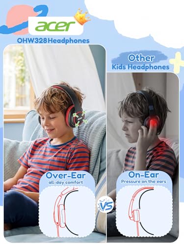 Acer OHW328 Kids Headphones Wired for School - Over Ear Design | 85/94dB Safe Volume, 3.5mm Jack Foldable Headphones for Kids Boys Girls Classroom Yoto Player Chromebook Travel Black Red - color: Black Red