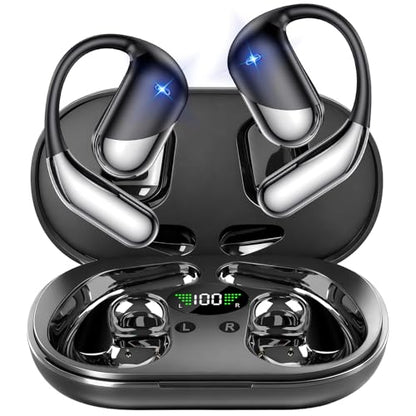 Open Ear Clip Wireless Earbuds Bone Conduction Headphones, Bluetooth 5.4, Open Ear Design for Running Fitness,office，Built-in Mic, IPX7 Waterproof, LED Display Charging Case,Ear Hooks Ear Buds