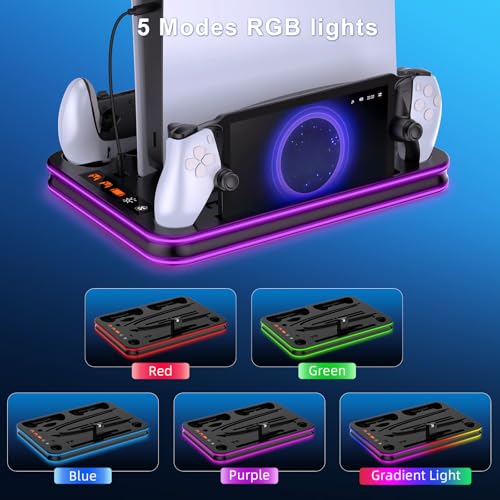 FYOUNG All in One Cooling Stand & Charger Station for PS5/Slim/Pro Console and Controller Charing Dock, Charging Stand for PlayStation Portal, Headset and Remote Holder with RGB Light Stand (Black) - color: Black