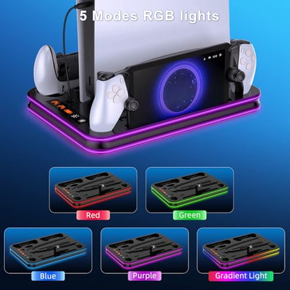 FYOUNG All in One Cooling Stand & Charger Station for PS5/Slim/Pro Console and Controller Charing Dock, Charging Stand for PlayStation Portal, Headset and Remote Holder with RGB Light Stand (Black) - color: Black