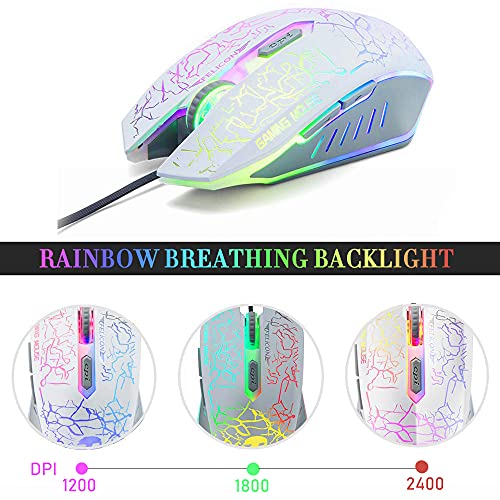 Wired Gaming Keyboard and Mouse Headset Combo,Rainbow LED Backlit Wired Keyboard,Over Ear Headphone with Mic,Rainbow Backlit Gaming Mice,Mouse Pad,for PC,Laptop,Mac,PS4,Xbox(White) - color: White