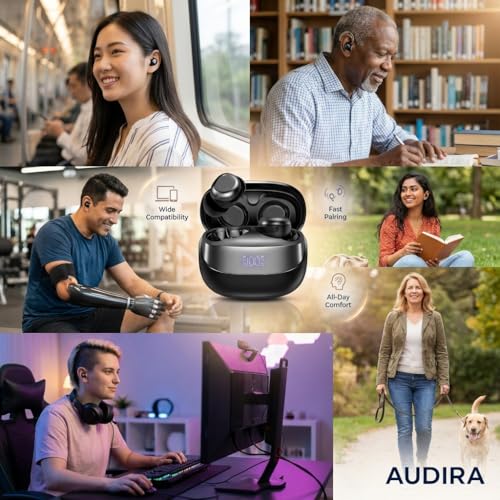AUDIRA Mini Wireless Sleep Earbuds for Side Sleepers, Bluetooth 5.4 in-Ear Ear Buds with Noise Cancelling, IPX4 Waterproof Headphones, Touch Control, Digital Display Charging Case – Black - color: Black