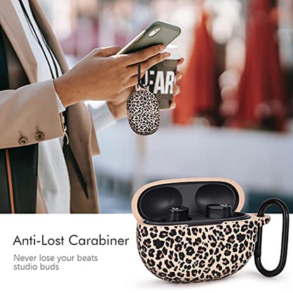 AIRSPO Case for Beats Studio Buds/Beats Studio Buds Plus Case Cover 2021/2023 Silicone Floral Printed Protective Beats Studio Buds Earbuds Headphones Case Cover Skin with Keychain (Khaki/Leopard) - color: Khaki Leopard