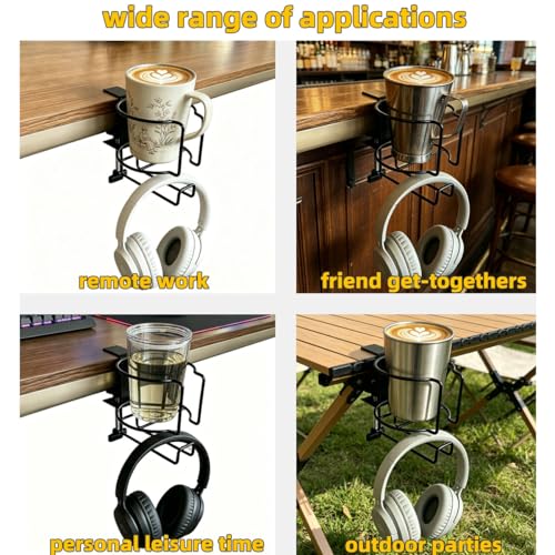 2 in 1 Desk Cup Holder with Headphone Hanger, Mug Hooks | Anti-Spill Clip-On Cup Holder Clamp for Office,Home,Gaming Desk&Lawn Chair - size: 2IN1