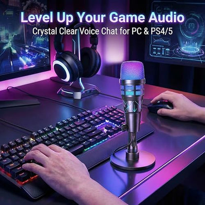 USB Condenser Microphone for PC Gaming & Podcast, with RGB Indicator, Shock Mount & Gain Control – Used for Streaming, PS4/PS5 & YouTube