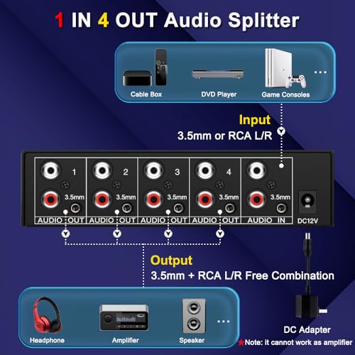 3.5mm Aux RCA L/R Audio Splitter 1 in 4 Out Audio Distributor Box | Share One 3.5mm or RCA Stereo Analog Audio Source with up to Four Powered Speakers, Subwoofers, Amplifiers, Receivers