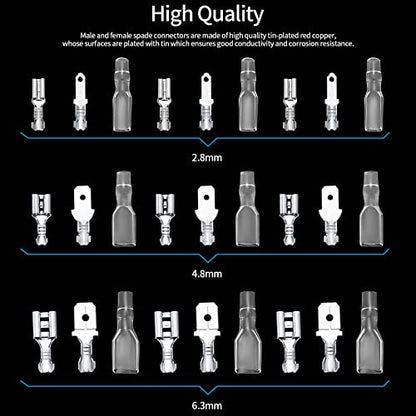 360 Pcs 2.8/4.8/6.3mm Male and Female Wire Spade Connectors, Quick Splice Electrical Wire Crimp Terminal Block Connectors with Insulating Sleeve Kit for Car Audio Speaker Electrical Wiring