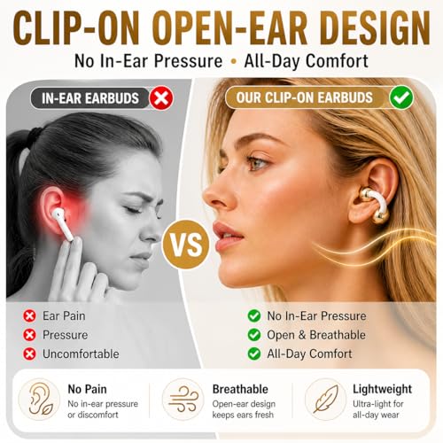 Carrying Bag Battery Compartment Smart Wireless Earbuds Bluetooth 6.0 Open Ear Clip Headset Built-in Mic Ear Hook Design Compatible with iOS and Android (White) - color: White