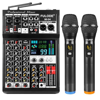 Audio Mixer, 4 Channel Sound Mixing Board With Dual Wireless Microphone & 99DSP, Professional DJ Console W/ MP3 Bluetooth 48V Phantom Power PAD USB Interface for Recording Home Karaoke Live Streaming