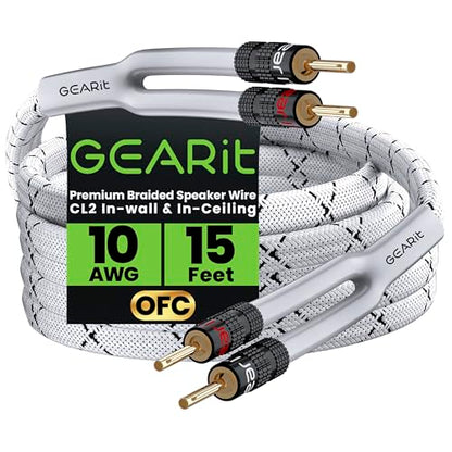 GEARit 10 Gauge OFC Speaker Wire with Banana Plugs 15 ft, Speaker Cable for Bi-Wire, Bookshelf, Wall Plate to Speaker, High-Power Connection for Center Channel, Wall-Mounted TV Speakers, Subwoofer - size: 15 Feet