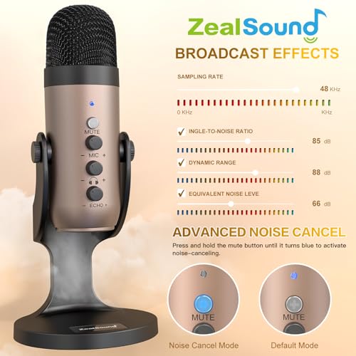 ZealSound Podcast Microphone for PC, Noise Cancellation USB Mic with Gain, Volume Adjustment & Mute Button, Monitoring & Echo, for YouTube, TikTok, Podcasting, Streaming, iPhone, iPad, Android, Mac - color: Gold