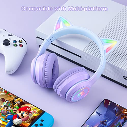 Bluetooth RGB Cat Ear Headphones, Foldable/Built-in Mic, A Purple | Wireless/wired, clear Hi-Fi sound, breathing lights, for kids/adults/girls/school/gaming, works with phone/laptop/PC/tablet - color: Gradient Purple