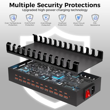 여러 장치용 300W USB 충전 스테이션, 24포트 USB C 고속 충전 스테이션, 태블릿, 노트북, 휴대폰, 아이폰, 아이패드와 호환되는 멀티 기기 충전기 스테이션 오거나이저 (300, 와트)