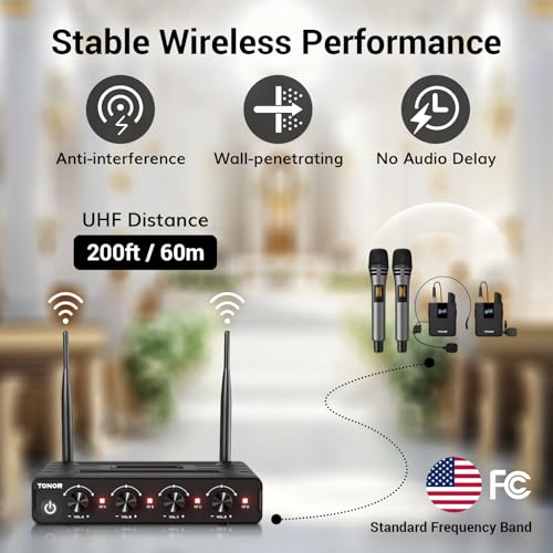 TONOR Wireless Microphone System, Handheld Mic Set with Headset/Lapel Mics | Lavalier Mic with Bodypack Transmitter, Receiver, 60 m/200ft Range Compatible with PA Speaker, for Karaoke, Singing, Church - style: 2 Handheld 2 Bodypack Mics