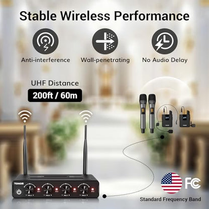 TONOR Wireless Microphone System, Handheld Mic Set with Headset/Lapel Mics | Lavalier Mic with Bodypack Transmitter, Receiver, 60 m/200ft Range Compatible with PA Speaker, for Karaoke, Singing, Church - style: 2 Handheld 2 Bodypack Mics