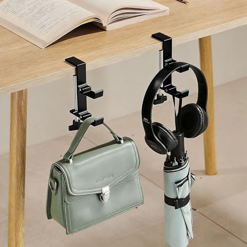 KISOY Modern Table Purse Hook, Under-Desk Accessory Hanger, Black and White Clamp-On Design for Bags, Headphones and Keys (Style3(Black-Double-Hook), 2) - style: Style3(Black-double-hook)