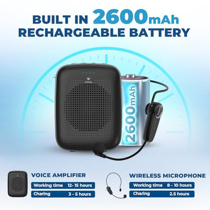 15W Wireless Voice Amplifier with Bluetooth Headset Microphone for Teachers | Portable Mini PA System, 2-in-1 Headset & Handheld Mic, 12H Battery, USB, Belt Clip, for Classroom, Training & Presentations