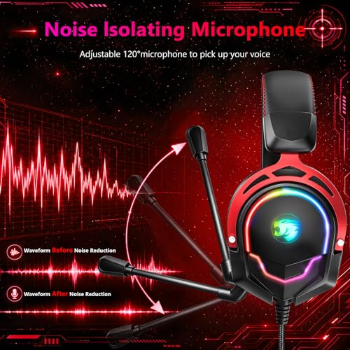K98 Wired RGB Gaming Headset with Mic, Over Ear Gaming Headphones, 50mm Neodymium Drivers, Noise Isolating Microphone, Memory Foam Cushions, Aluminum Alloy Frame for PC, PS5, PS4, Xbox, Switch - color: Black/Red RGB
