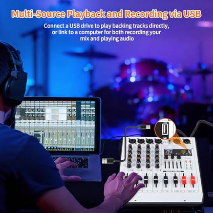 Professional 4-Channel DJ Audio Mixer with Bluetooth, 5-Band EQ, 99 DSP Effects, USB Audio Interface, +48V Phantom Power for Live Streaming, Podcasting, Karaoke, Home Studio Recording