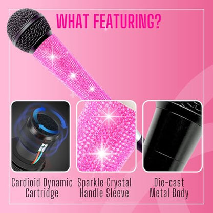 Black XLR Wired Vocal Microphone with Pink Rhinestone Sleeve | Wired Mic Uses Cardioid Pickup For Focused Vocals; 11.5-Ft Lead And Pink Crystal Cover and Band Suit Stage Or Karaoke