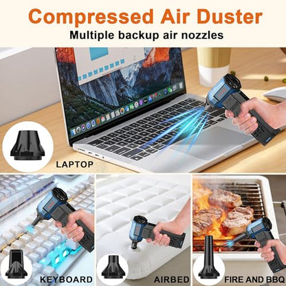 Electric air Duster，250,000RPM Super Power mini Blower,2 Swappable Battery | 3-speed adjustable rechargeable air duster with multiple nozzles，for cleaning car, keyboard, computer, leaves,home & outdoor.