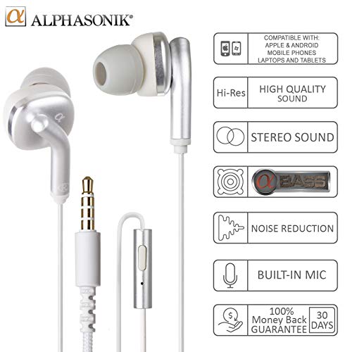 Alphasonik Premium In Ear Alpha Bass Noise Isolating Headset Earphones/Earbuds/Headphones with Stereo Microphone & Remote Control Made for Apple iPhone iPad iPod Samsung Galaxy Android Smartphones - style: Silver