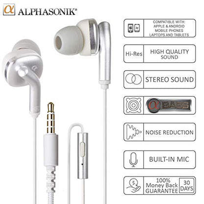 Alphasonik Premium In Ear Alpha Bass Noise Isolating Headset Earphones/Earbuds/Headphones with Stereo Microphone & Remote Control Made for Apple iPhone iPad iPod Samsung Galaxy Android Smartphones - style: Silver