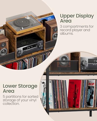 43" Vinyl Record Storage Holder, Large Record Player Table, Holds up to 400 Albums, Vinyl Record Player Display Stand, Removable Dividers, for CD, Audio Equipment Storage, Rustic Brown TCW77BF