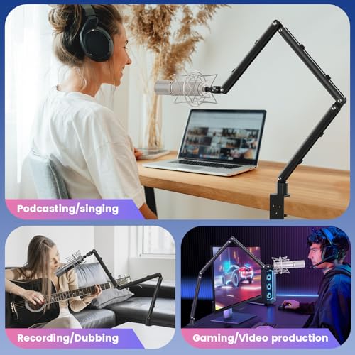 Adjustable Microphone Boom Arm for Lightweight Mics, 30-inch Rotatable Desk Stand with Cable Management & 3/8" 5/8" Threads, Space-Saving Design for Streaming, Podcasting, Gaming (Black)