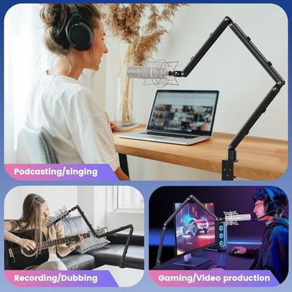 Adjustable Microphone Boom Arm for Lightweight Mics, 30-inch Rotatable Desk Stand with Cable Management & 3/8" 5/8" Threads, Space-Saving Design for Streaming, Podcasting, Gaming (Black)