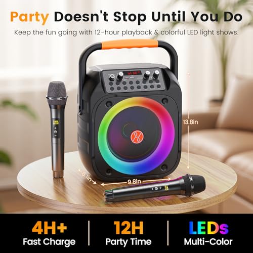 Karaoke Machine for Adults, Portable Bluetooth Karaoke Speaker with 2 Wireless Microphones, Echo Adjustment, LED Lights, PA System with 6.5" Subwoofer, Support TV/AUX/USB/TF Card (Black) - color: Jet Black